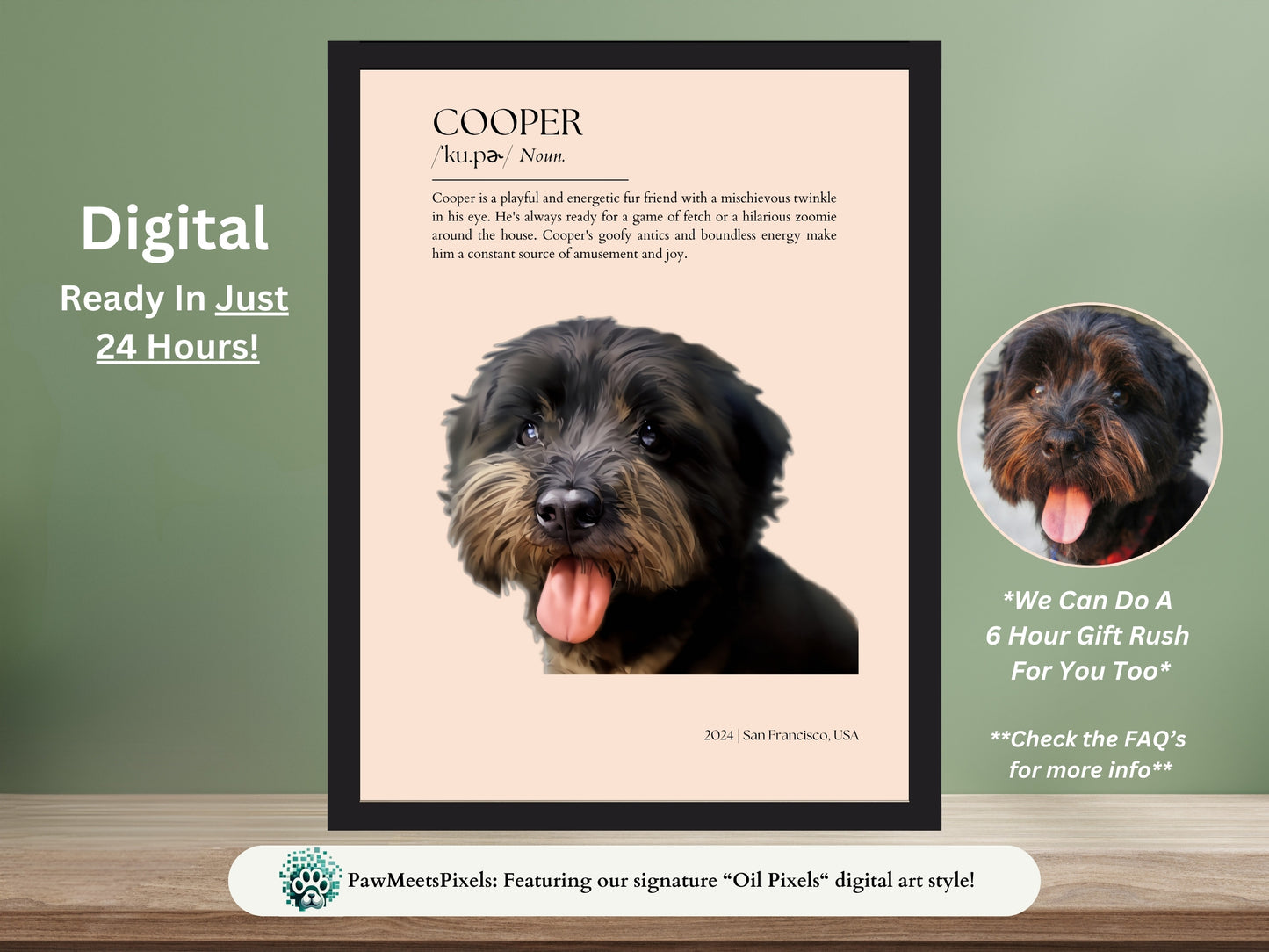 Custom Pet Portrait with Testimonial and IPA Dictionary Name Pronunciation Guide